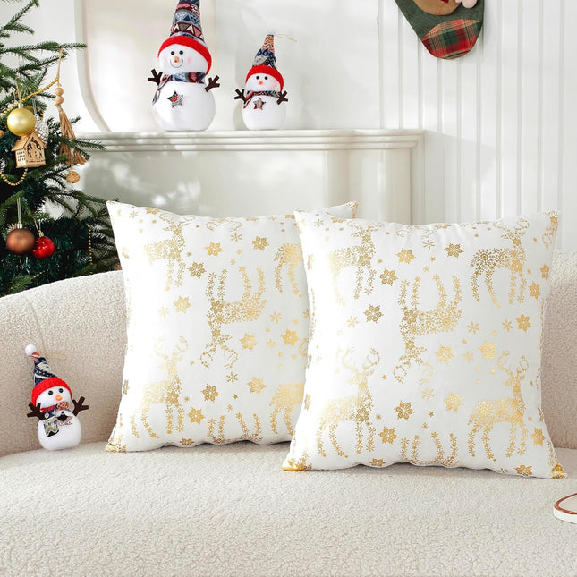 2PCS Holiday Decorative Pillow Covers – Gold Velvet Snowflake & Deer Cushion Case
