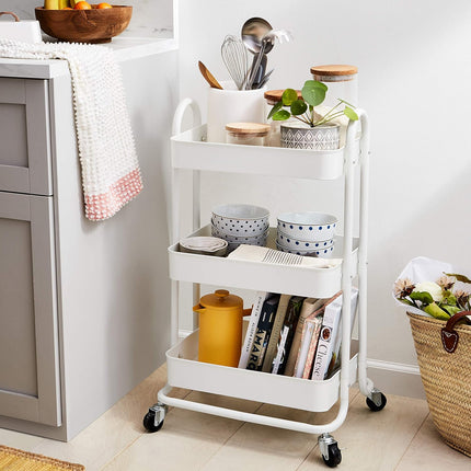 3-Tier White Rolling Metal Utility Cart with Lockable Wheels, Mesh Shelves and Storage Bins