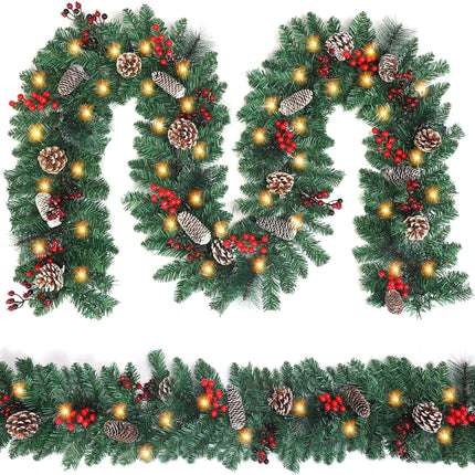 9FT Lighted Christmas Garland – Battery Operated with Pine Cones & Berries