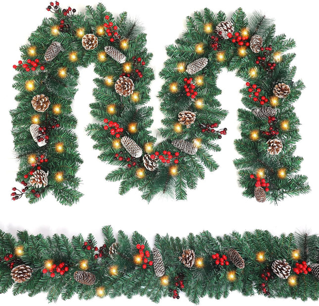 9FT Lighted Christmas Garland – Battery Operated with Pine Cones & Berries