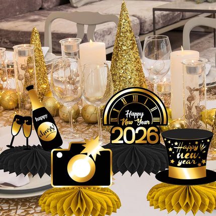 Happy New Year 2026 Table Toppers – Black & Gold Honeycomb Centerpieces