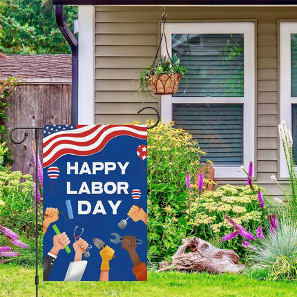 Happy Labor Day Garden Flag 12x18 Double Sided Burlap Tools USA Flag Only