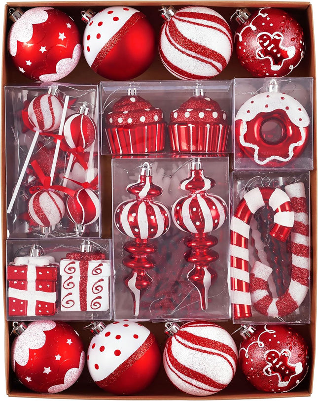 80-Piece Xmas Ball Ornaments – Red & White Candy Cane Tree Decorations, Bulk Set