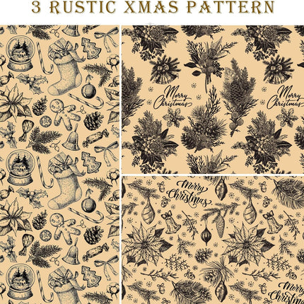 Brown Christmas Wrapping Paper 6 Sheets 27x37 Inch Rustic Vintage Design
