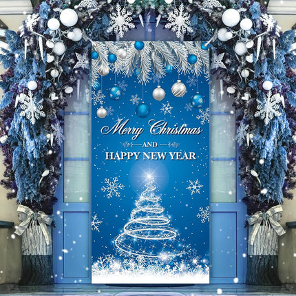 Merry Christmas & Happy New Year Door Cover – Blue Front Door Banner Holiday Decor