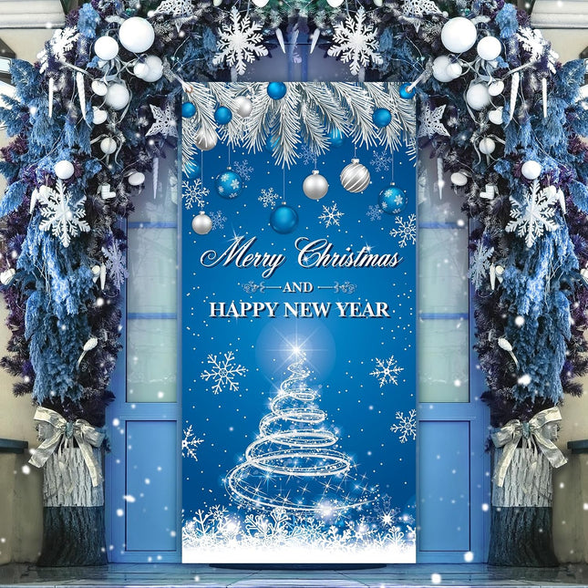 Merry Christmas & Happy New Year Door Cover – Blue Front Door Banner Holiday Decor