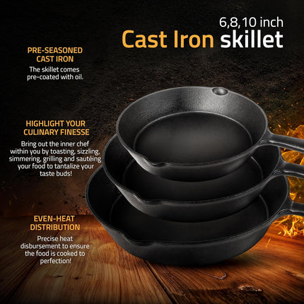 3-Piece Cast Iron Pan Set – 6, 8 & 10 Inch Skillets for Cooking Anywhere