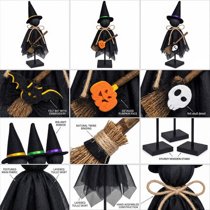 3-Piece Lighted Halloween Witch Figurines, Wooden Stand, 3 Modes Table Decor