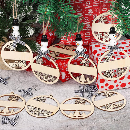 12PCS Christmas Hanging Wooden Name Tags – Snowman, Wooden Beads & Hollow Snowflake with Bows