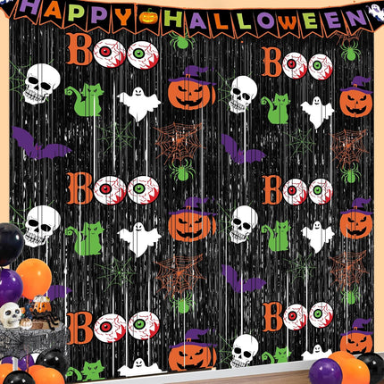 2-Pack Halloween Foil Fringe Curtains 3.3x6.6FT, Scary Party Photo Backdrop Decor