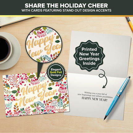 24-Piece 6×4in Happy New Year Cards – Gold Foil, Stickers & Printed Message