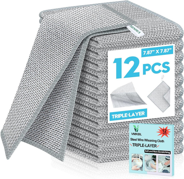 12PCS 3-Layer Non Scratch Wire Dishcloths Multipurpose Cleaning Rags