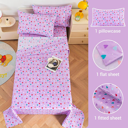 3-Piece Girls Twin Sheet Set, Purple Microfiber, Colorful Hearts Print, Kids Bedding