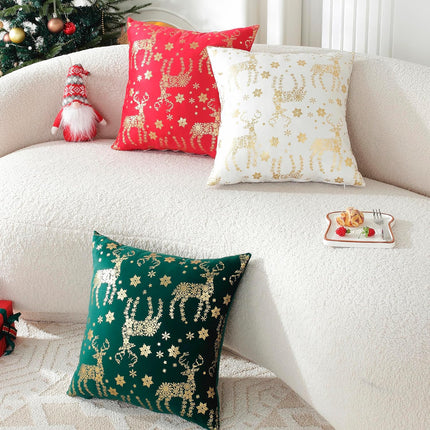 2PCS Holiday Decorative Pillow Covers – Gold Velvet Snowflake & Deer Cushion Case