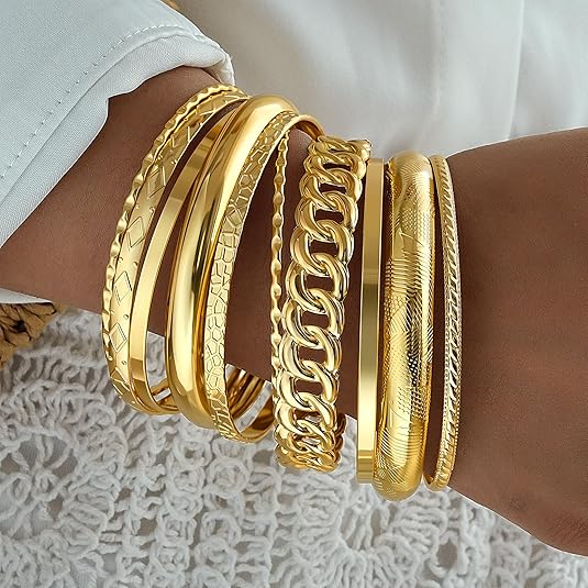 14K Gold Plated Bangles – Women’s Stackable Boho Multi-Layer Set