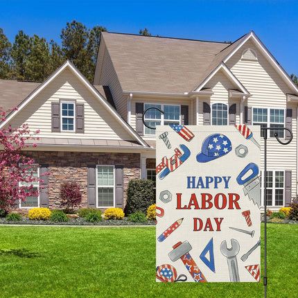 Happy Labor Day Garden Flag 12x18 Double Sided Burlap Tools USA Flag Only