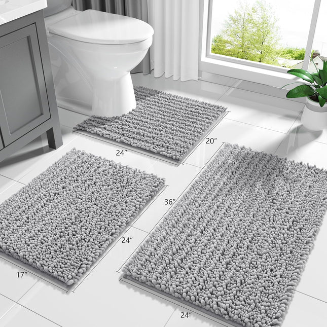 Gray Bathroom Rug – Soft Shaggy Chenille, Absorbent, Non-Slip 24x17