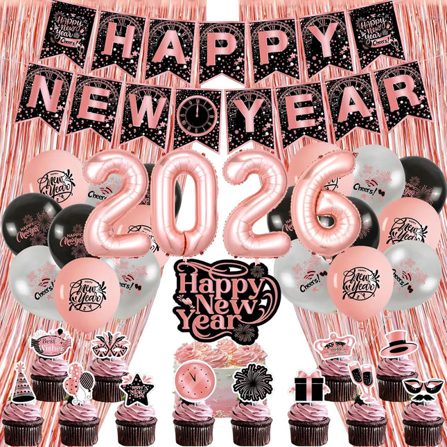 Happy New Year 2026 Decorations – Rose Gold Banner, Balloons & Curtain