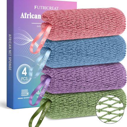 4-Pack African Net Sponge Washcloths, Exfoliating Body & Back Scrubbers, Travel Shower Set