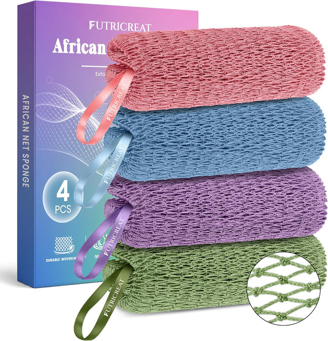 4-Pack African Net Sponge Washcloths, Exfoliating Body & Back Scrubbers, Travel Shower Set