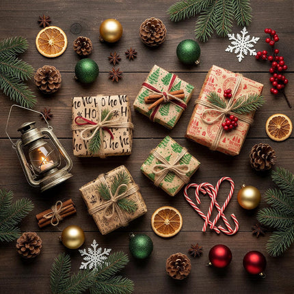 Christmas Gift Wrap Set – 8 Sheets Kraft Vintage Santa & Festive Trees