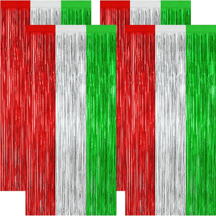4-Piece Christmas Curtain Set, 3.28 FT x 7.05 FT Metallic Foil Red, Silver & Green Fringe