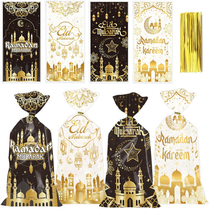 100PCS Eid Mubarak Treat Bags Black Gold Castle Moon Star with Twist Ties