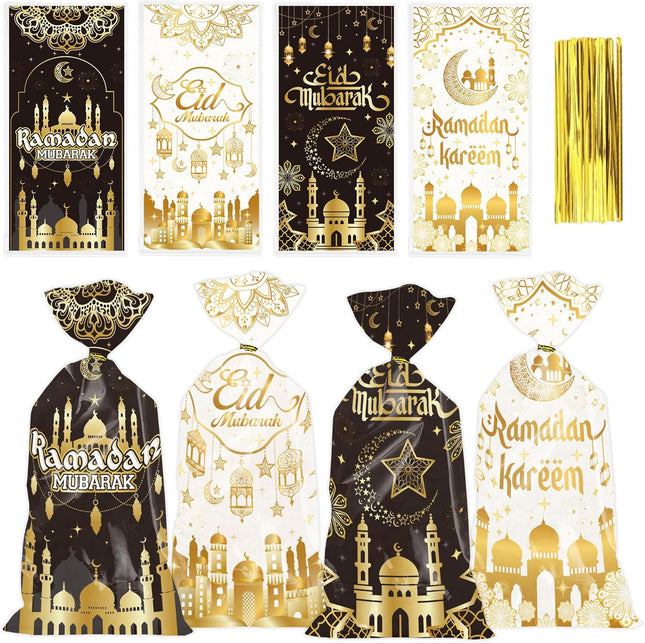 100PCS Eid Mubarak Treat Bags Black Gold Castle Moon Star with Twist Ties