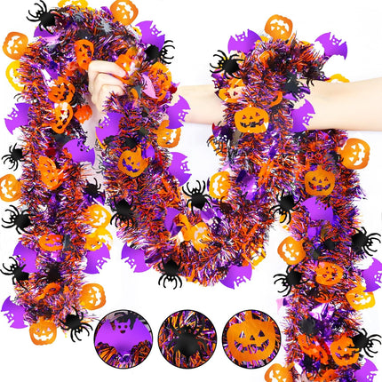 50FT Halloween Tinsel Garland, Pumpkin Spider & Bat Metallic Twist Party Decor