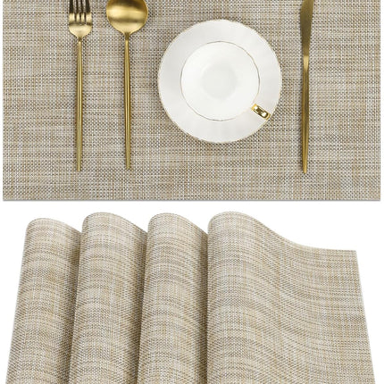 Beige Woven Vinyl Placemats Set of 4 Reversible Indoor Outdoor Table Mats