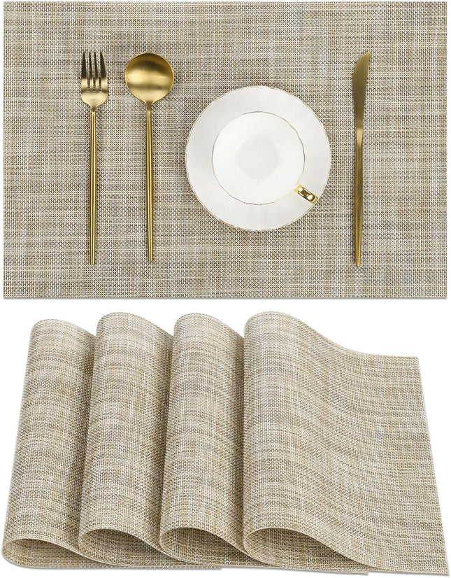 Beige Woven Vinyl Placemats Set of 4 Reversible Indoor Outdoor Table Mats