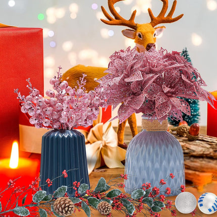 22-Piece Christmas Flower Kit – Artificial Poinsettias & Glitter Berries with Tree Ornaments