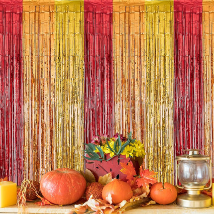 Fall Harvest Photo Backdrop 2 Pack Foil Fringe Curtains Red Gold Orange 3.3x6.6 Ft
