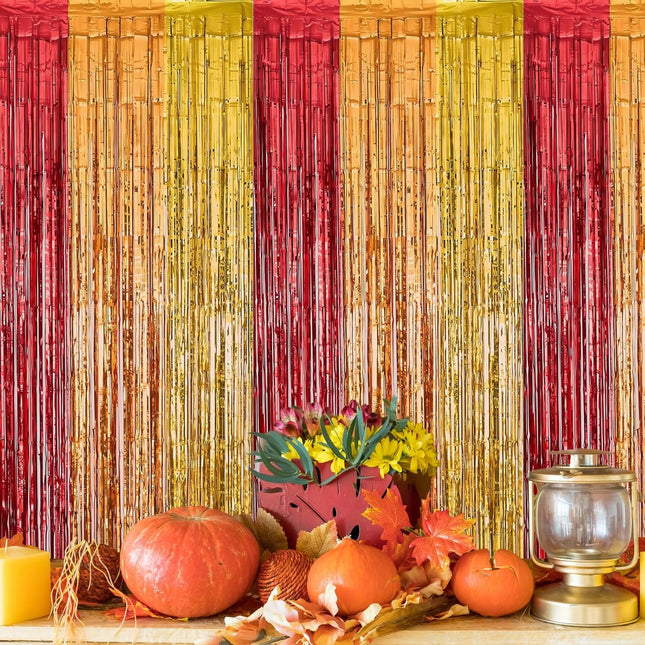 Fall Harvest Photo Backdrop 2 Pack Foil Fringe Curtains Red Gold Orange 3.3x6.6 Ft