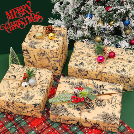 Brown Christmas Wrapping Paper 6 Sheets 27x37 Inch Rustic Vintage Design
