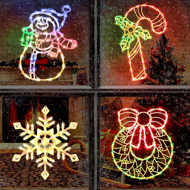 4 Pack Christmas Window Silhouette Lights Wreath, Candy Cane, Snowflakes, Snowman