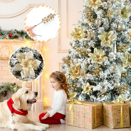 24pcs Gold Christmas Decorations – 12 Poinsettia Flowers & 12 Glitter Tree Picks