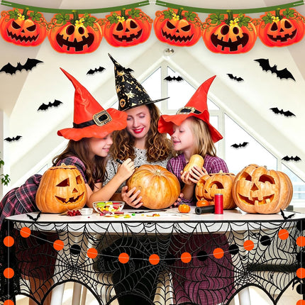 Halloween Pumpkin Banner Set, Spider Web Mantel Scarf, 16 Bat Decals & Garland