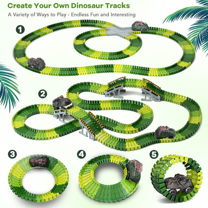 Create a Dinosaur World Road Race Playset with 2 Dinosaur Cars for Kids 3+