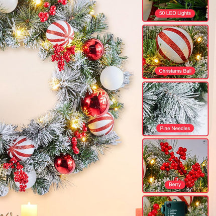 24" Pre-Lit Artificial Christmas Wreath with 50 Warm LED Lights, Pine & Red Berries