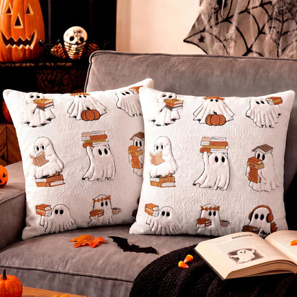 2-Pack 18x18in Halloween Reading Ghost Pillow Covers, Cute Book Lover Decor