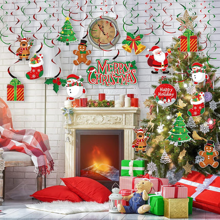 30-Piece Christmas Swirl Hanging Decorations Set – Snowman, Elk & Holiday Sign Decor