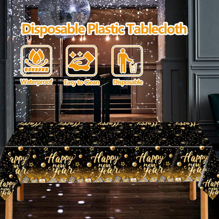 3-Pc Black Happy New Year Tablecloth – Gold Stars & Balls 54×108in