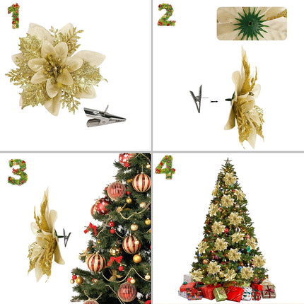 16 PCS Glitter Poinsettia Ornaments – Xmas Tree & Wreath Decorations w/ Clips