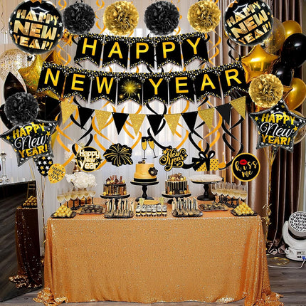 Happy New Year Party Decoration Set – Banner, Bunting, Balloons & Swirls