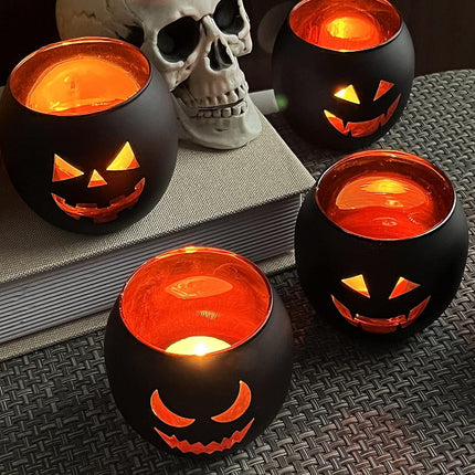 6-Piece Halloween Jack-O-Lantern Glass Votive Candle Holders, Table Decor Set