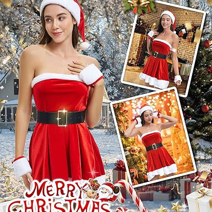 4PCS Women's Christmas Lingerie Set, Santa-Inspired Red Chemise with Belt & Cuffs