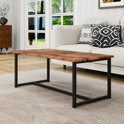 Rectangular Coffee Table Black Metal Frame Rustic Brown Wood Top for Living Room