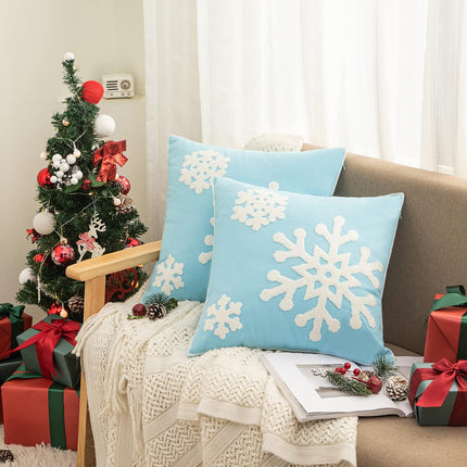 2PCS Blue Christmas Pillow Covers – 18x18 Snowflake Embroidered Cotton Decor