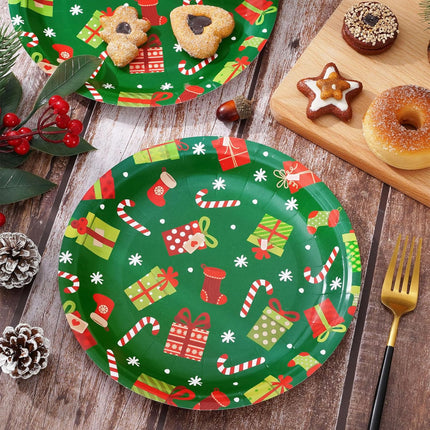 24PCS Xmas Paper Plates – Round 9" Snowflake & Gift Box Print Party Plates